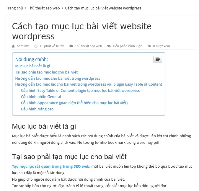 Kết quả tạo mục lục bài viết wordpress